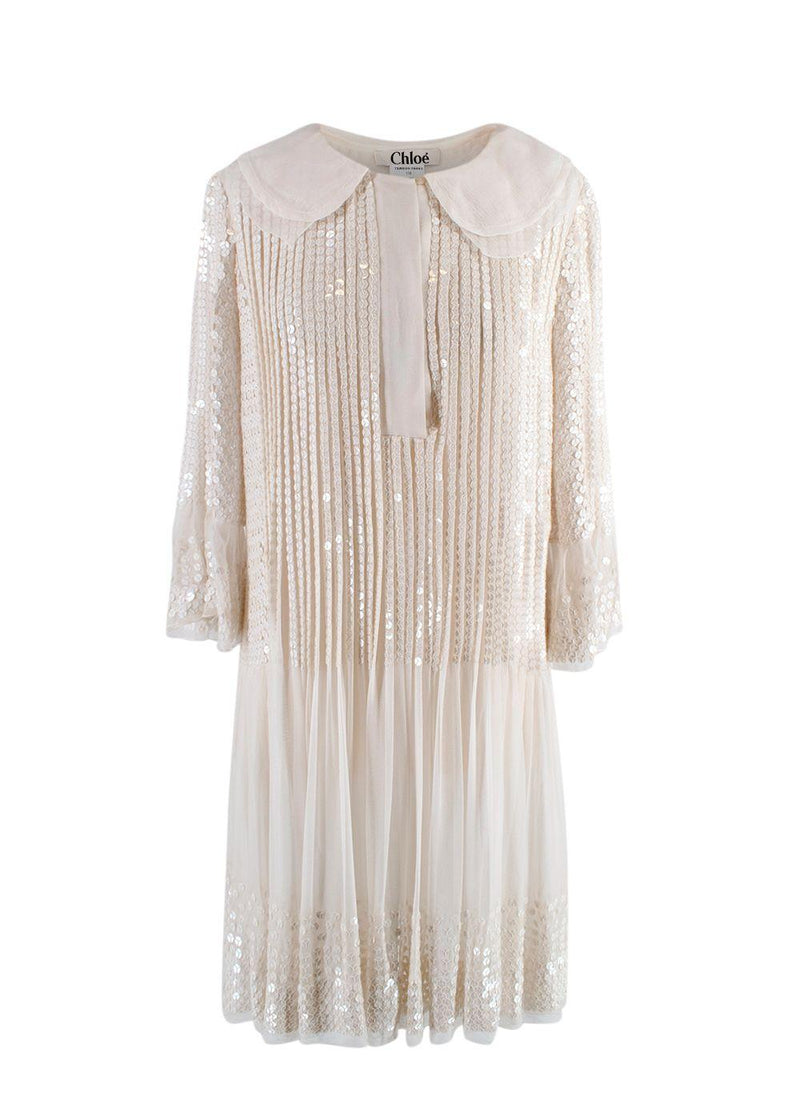 Chloe Ecru Sequin Embroidered Silk Pleated Dress