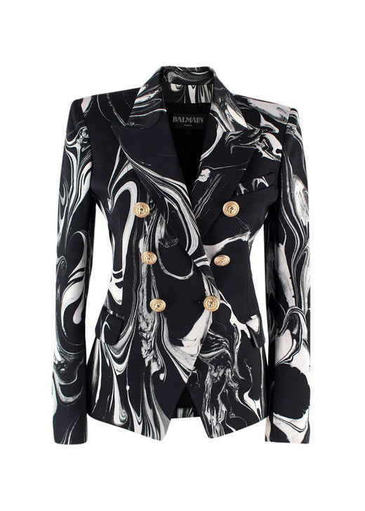 Balmain Black Marble Printed Satin Double Breasted Blazer