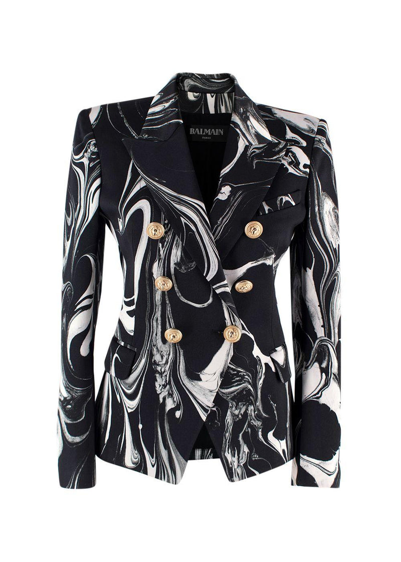Balmain Black Marble Printed Satin Double Breasted Blazer