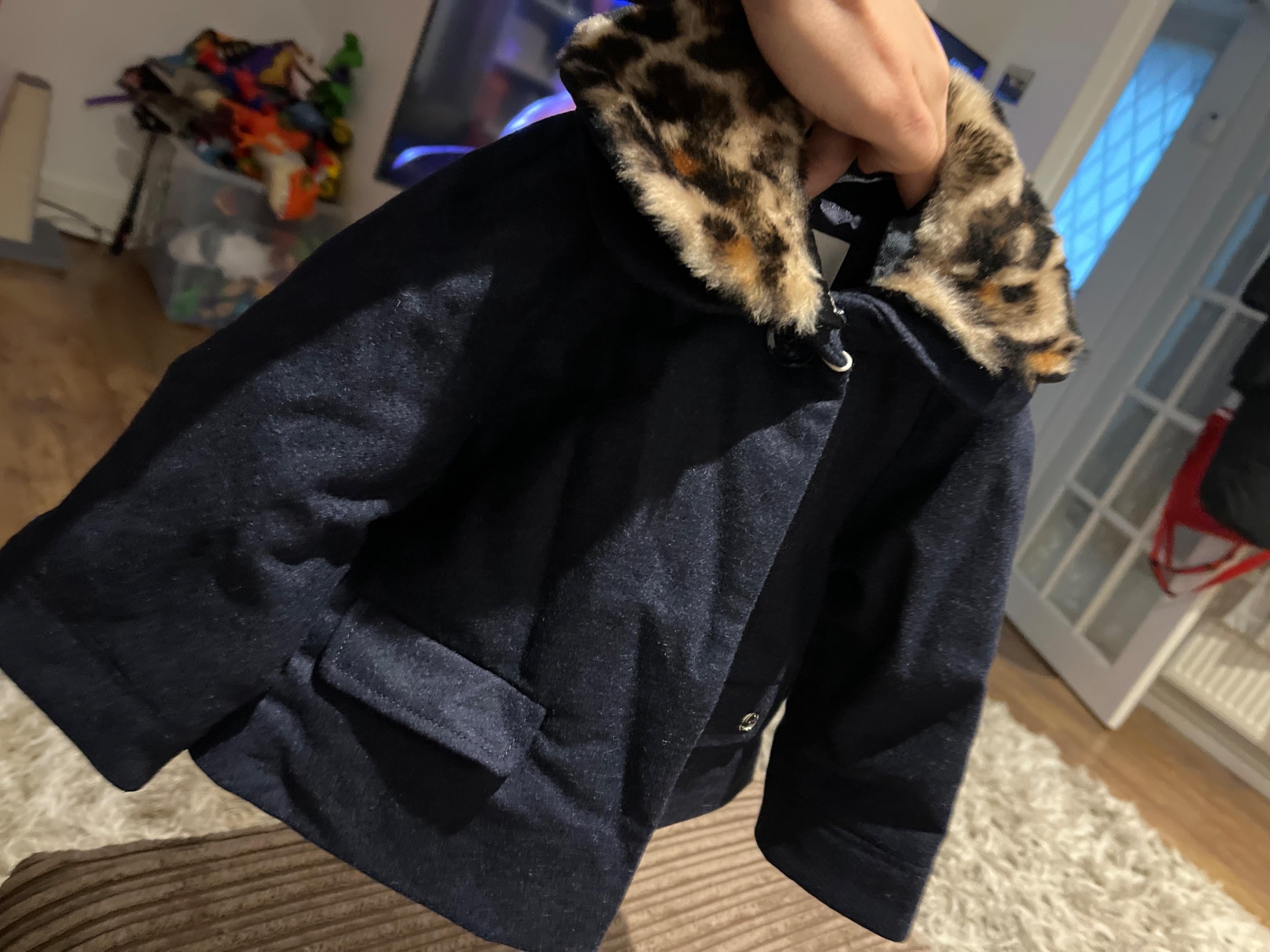 Navy wool faux leopard collar coat