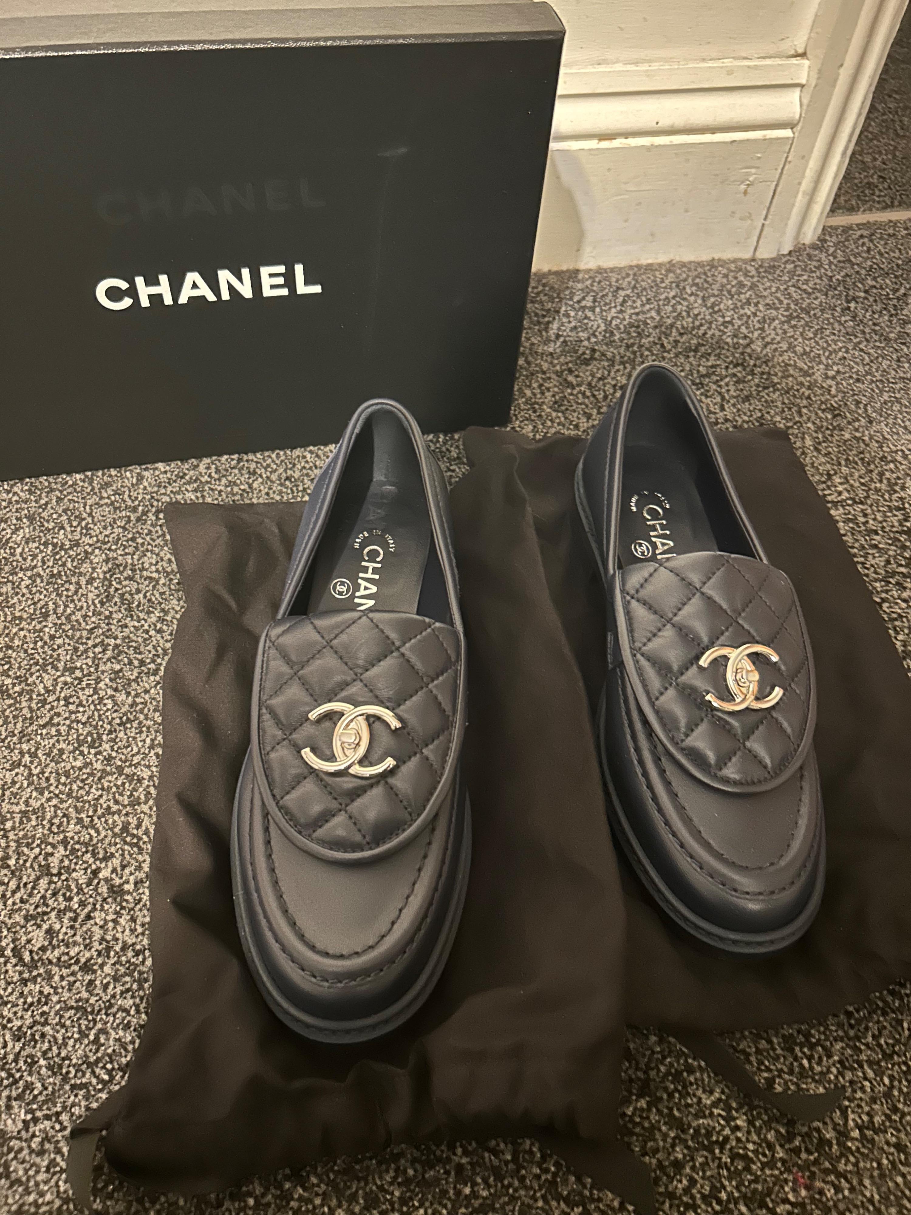 Chanel Navy Blue Leather Moccasins