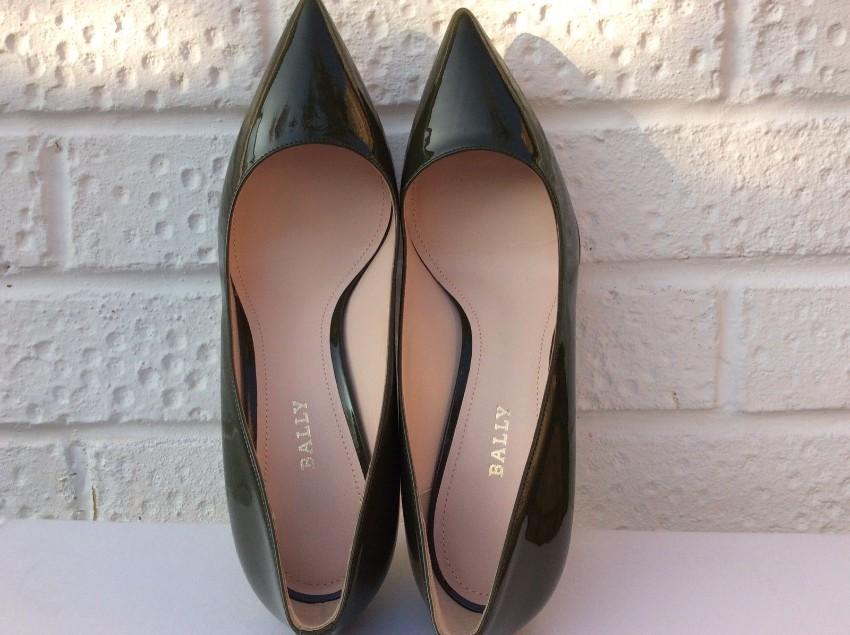 Bally Khaki Mid Heel Patent Pumps