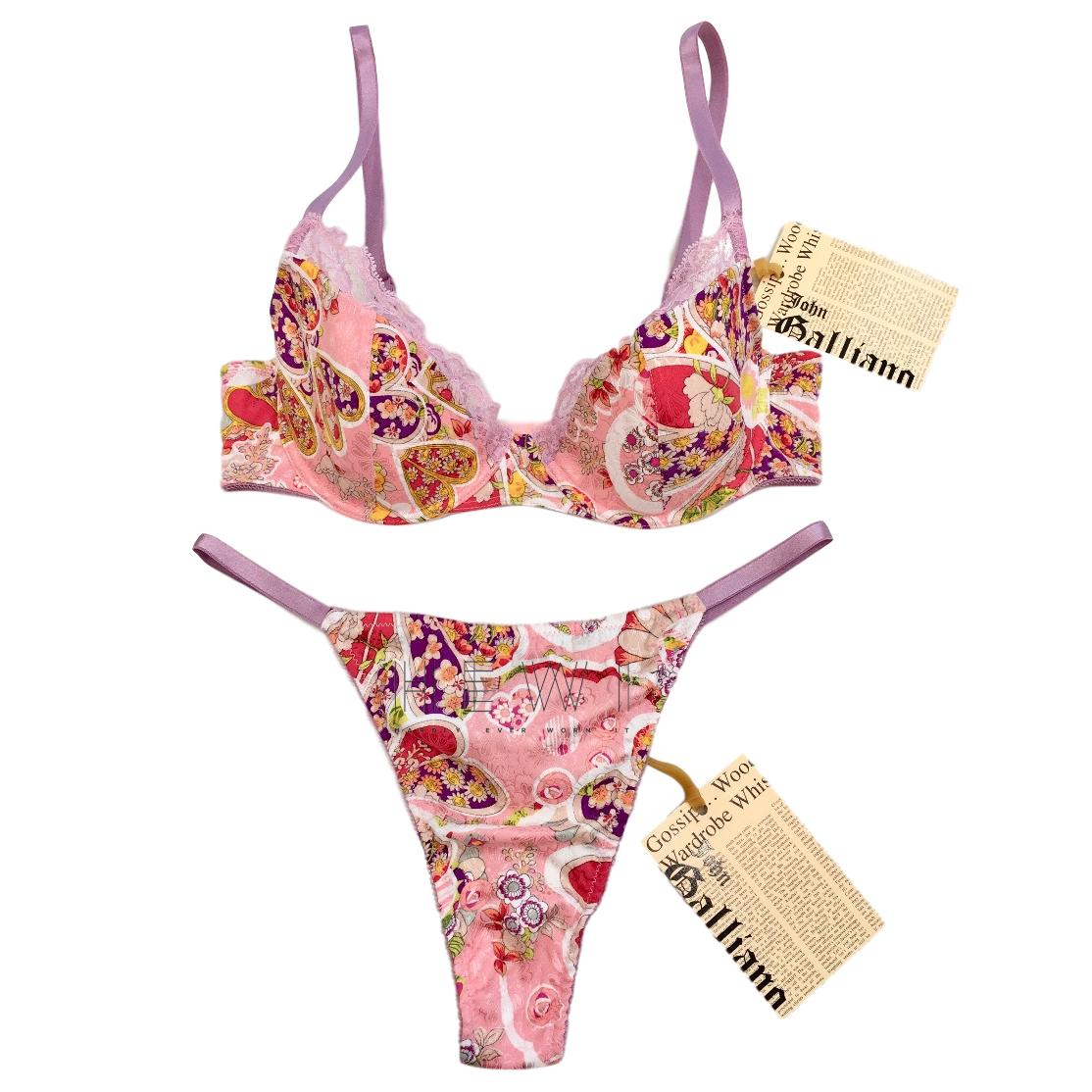 John Galliano Silk Jacquard Flower Power Print Bra & Thong Set