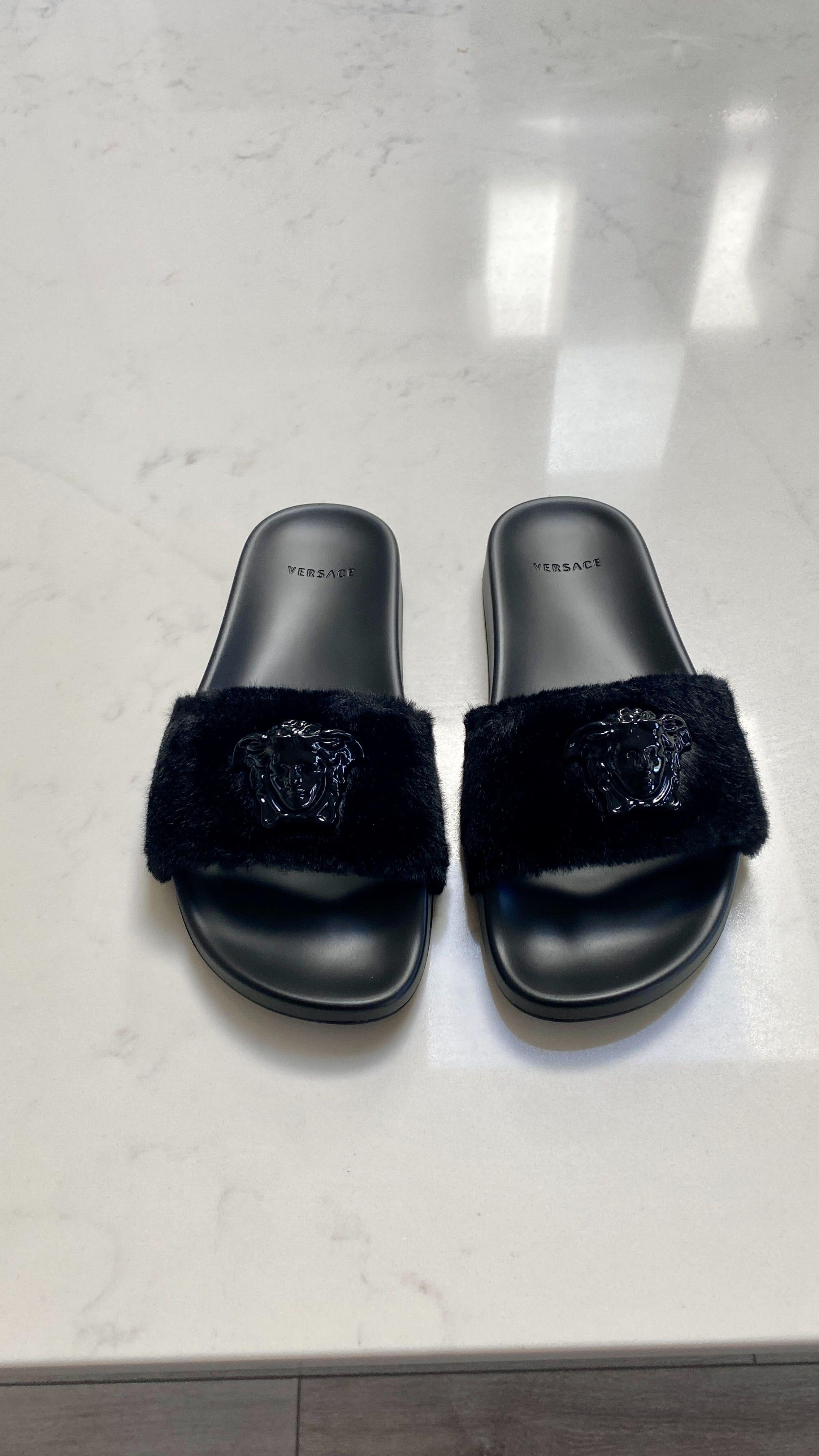 Versace Black Faux Fur Medusa Slides