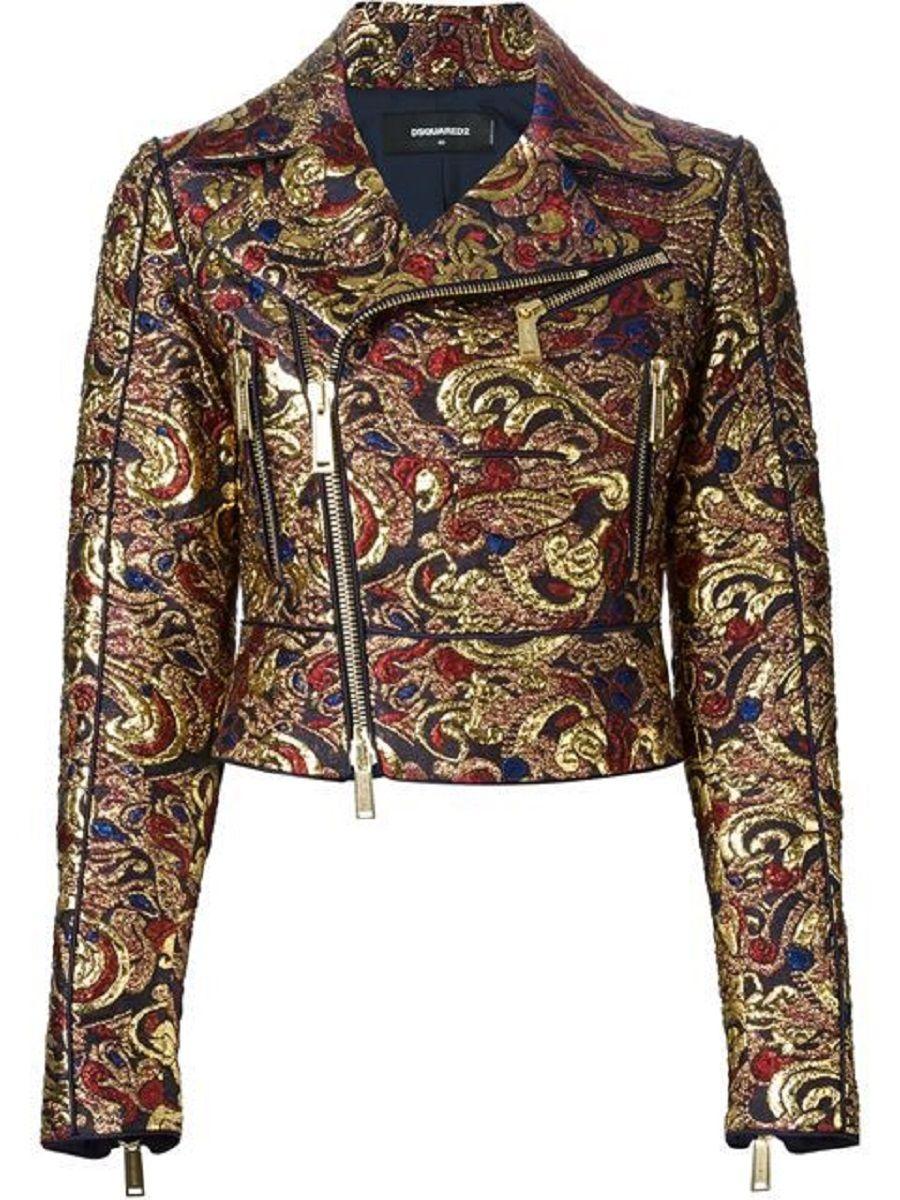 DSquared2 Metallic Gold Brocade Biker Jacket