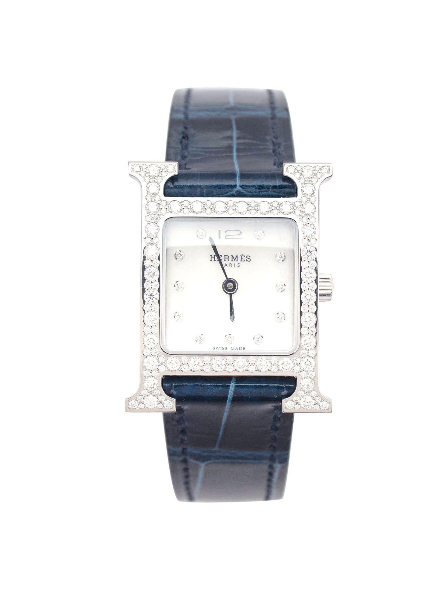 Hermes Navy Alligator Diamond Heure H 21mm Watch With Palladium Hardware