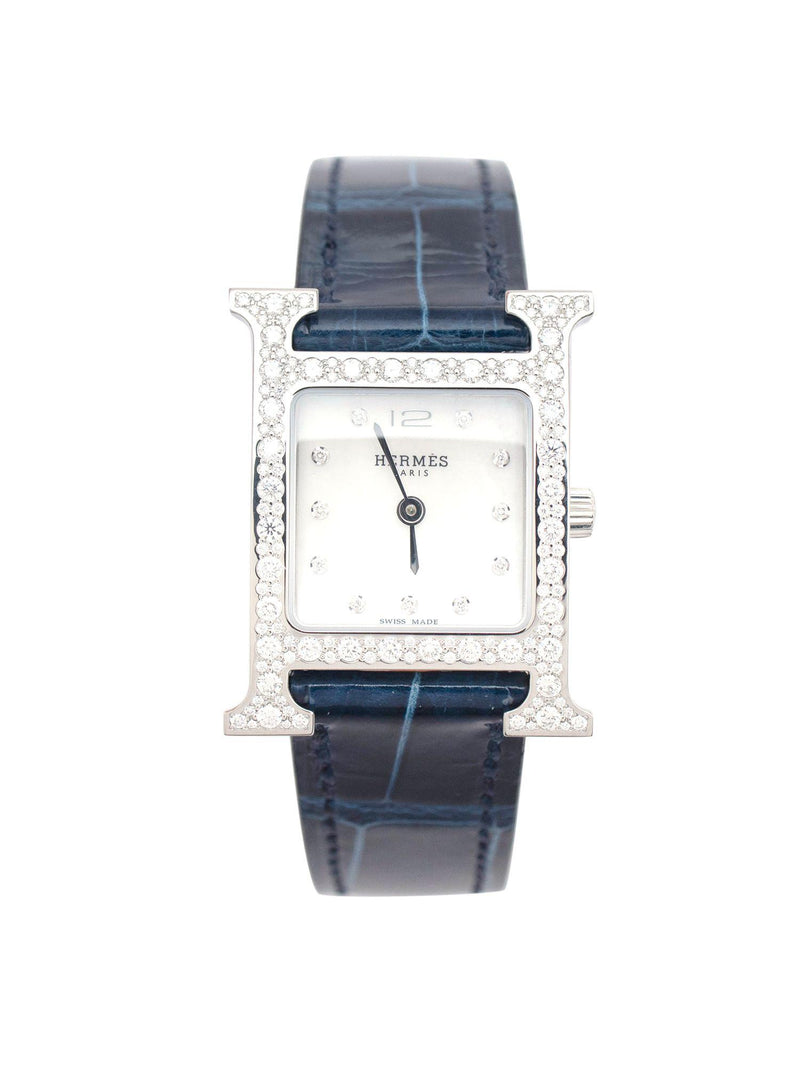 Hermes Navy Alligator Diamond Heure H 21mm Watch With Palladium Hardware