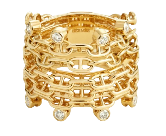 Hermés Yellow Gold Chaine D'Ancre Calypso Ring Set with Diamonds Size 53
