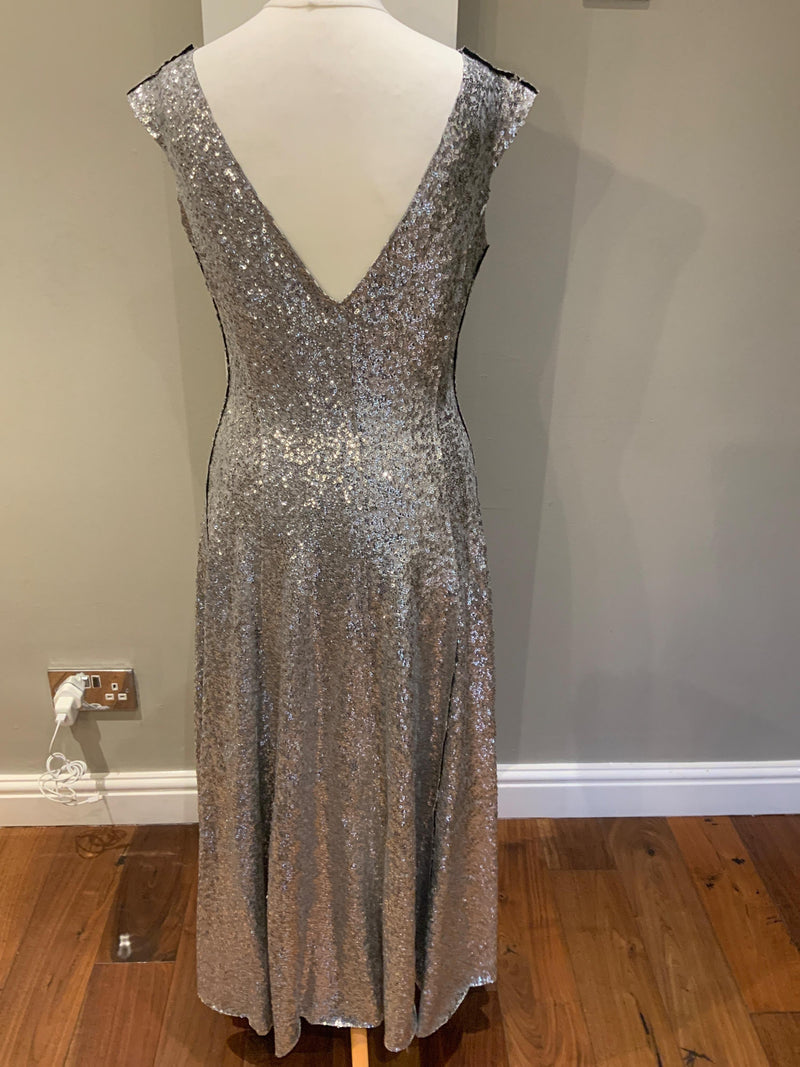 Norma Kamali Silver Sequin Overlapping Grace Dress