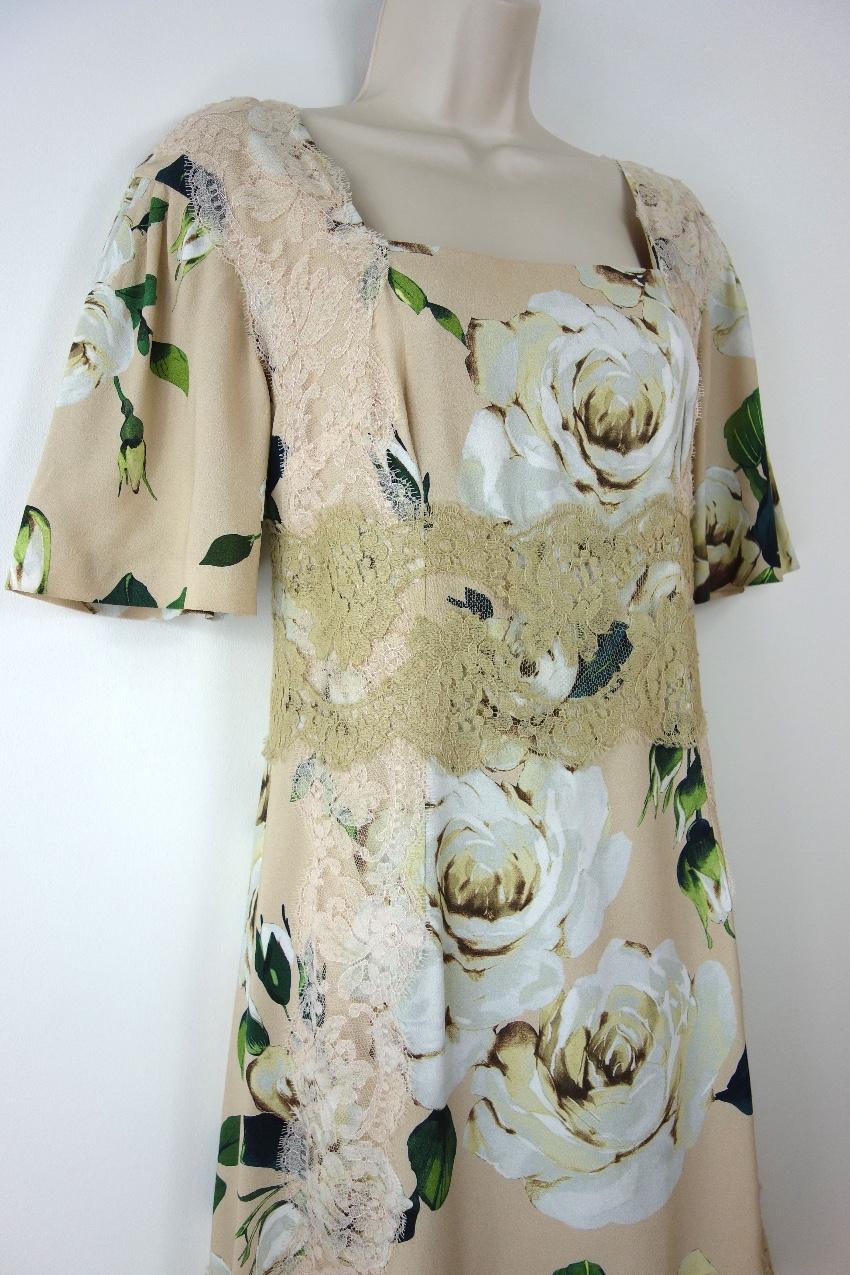 Dolce & Gabbana Beige Floral Print Lace Panelled Shift Dress