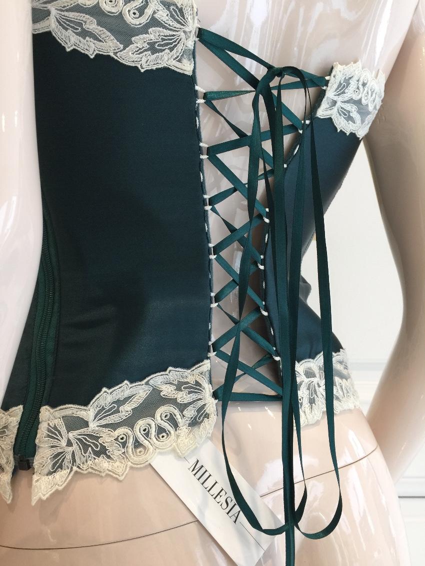 Millesia Couture Forest Green Silk & Calais Leavers Lace Corset