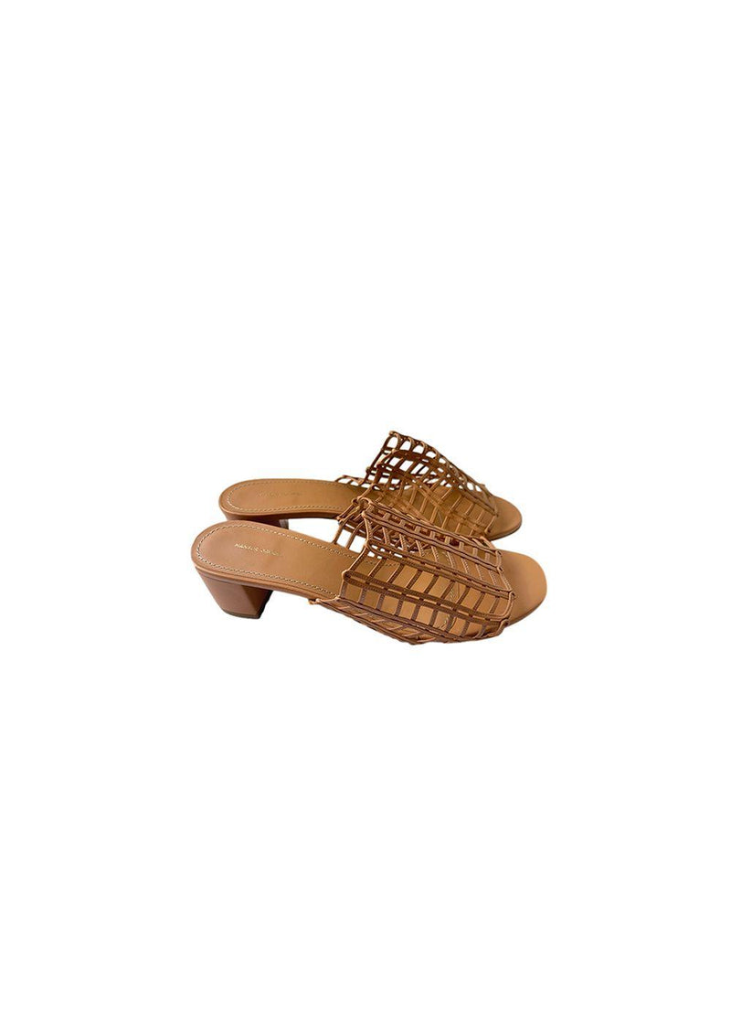 Tan woven leather block heeled mules