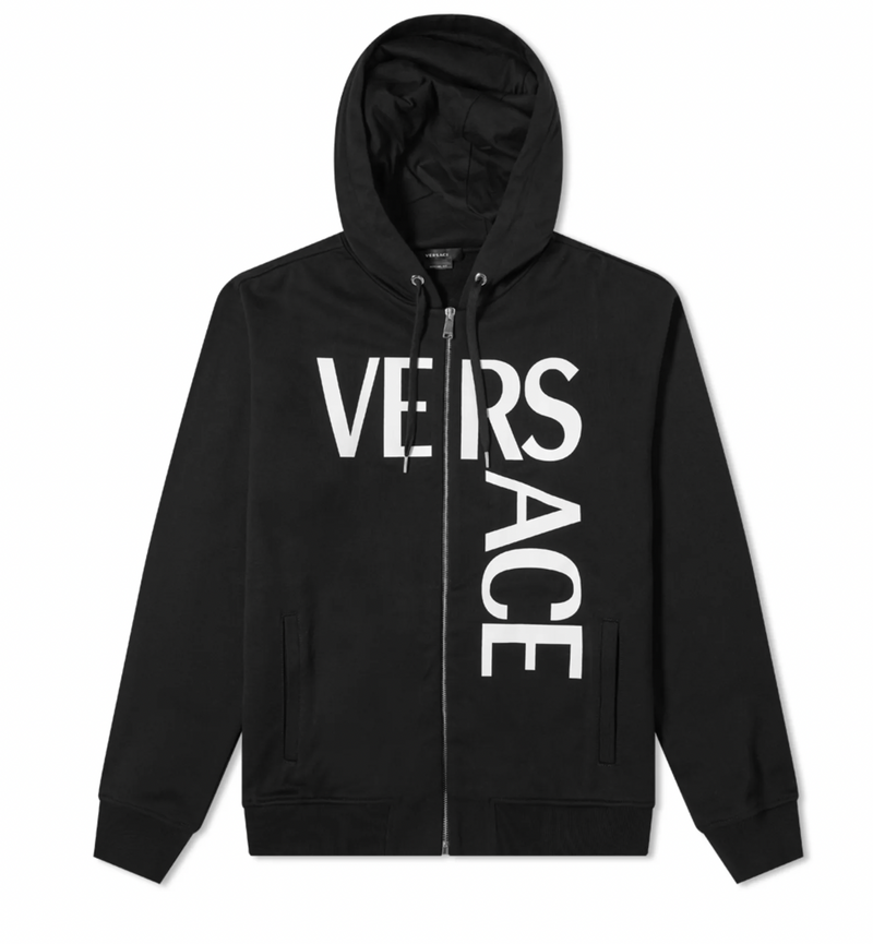 Logo Printed Zip Up Black Cotton Hoodie