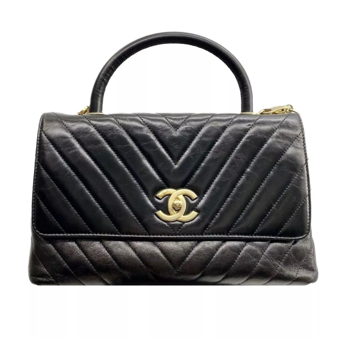Crinkled Black Chevron Leather Coco Flap Bag