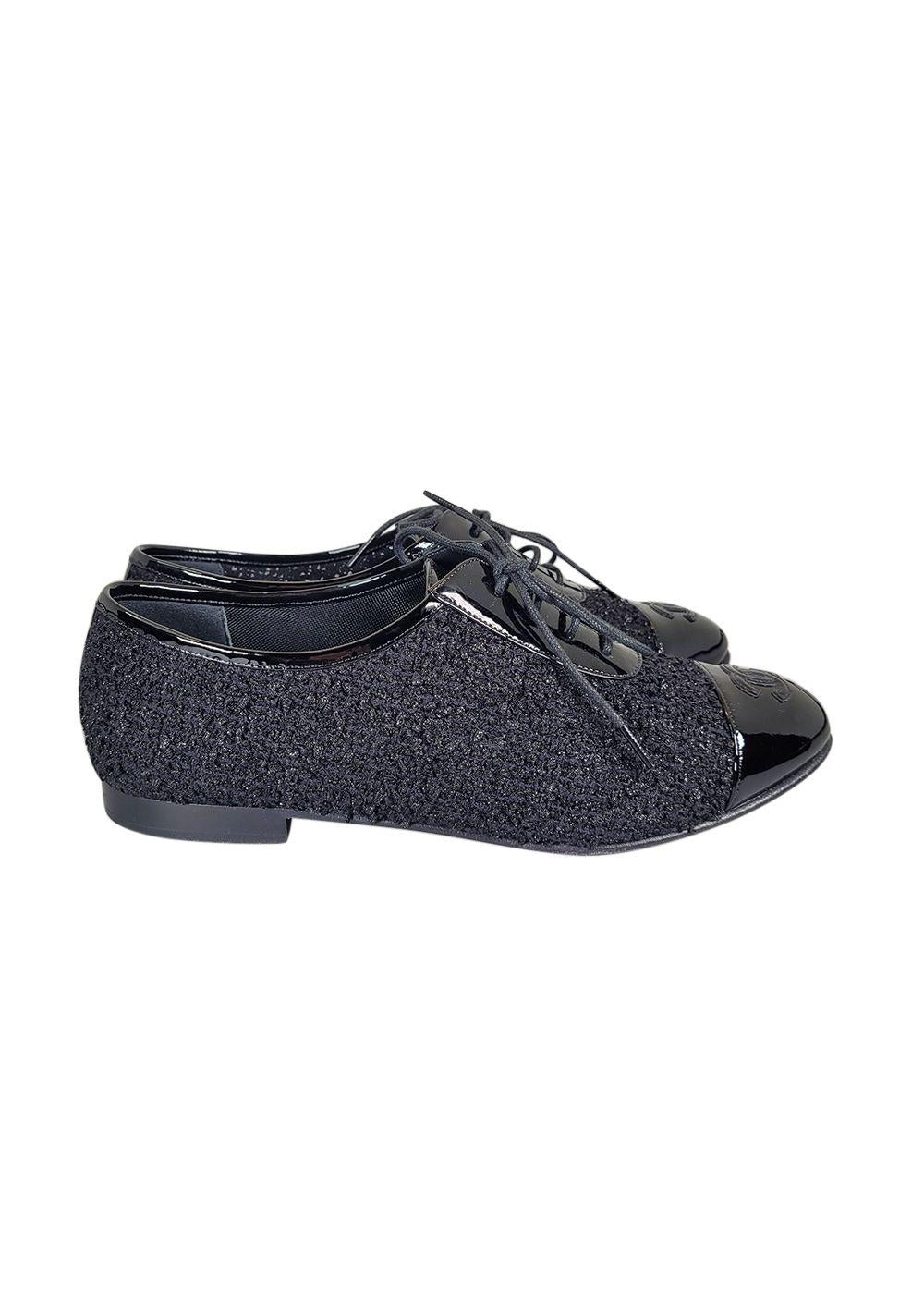 Chanel Black Patent Leather and Tweed Brogues