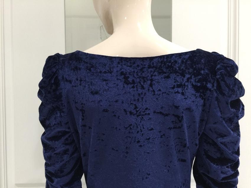 French Couture Navy Blue Panne Velvet Square Neck Dress