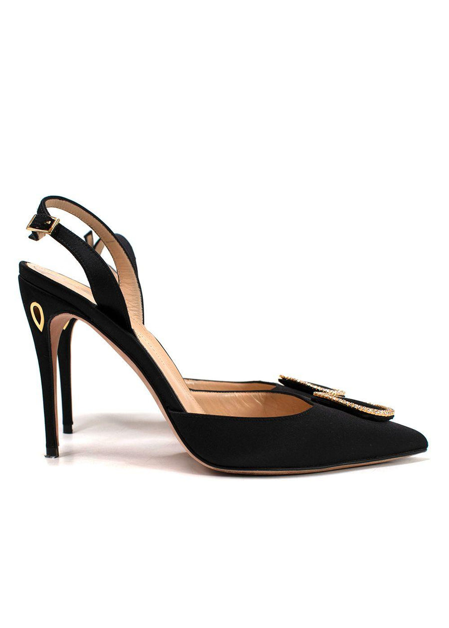 Jennifer Chamandi Black Satin Crystal Buckle Slingback Pumps
