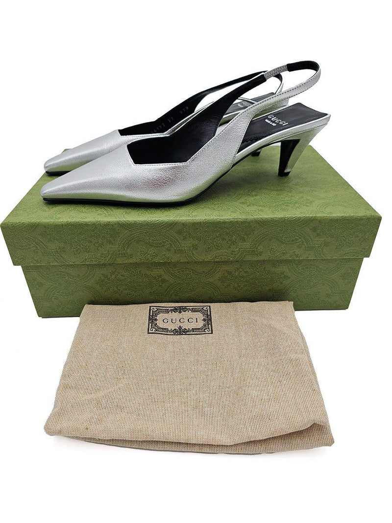 Guci Silver Leather Slingback Sandals