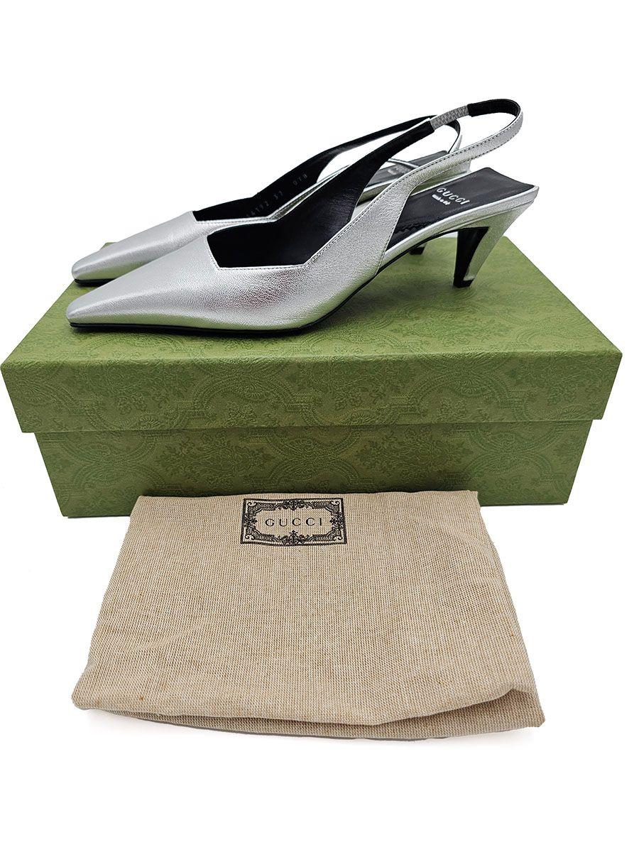 Guci Silver Leather Slingback Sandals