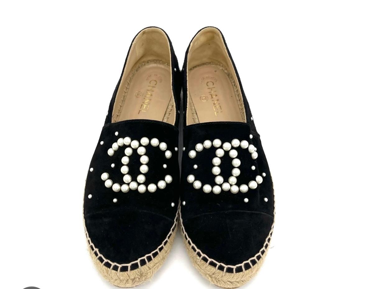 Chanel Black Suede Pearl Embellished Espadrilles