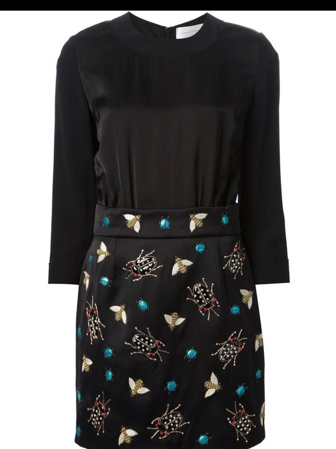 Black Silk Satin & Navy Crepe Insect Embellished Short Dress