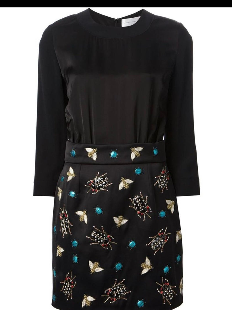 Black Silk Satin & Navy Crepe Insect Embellished Short Dress