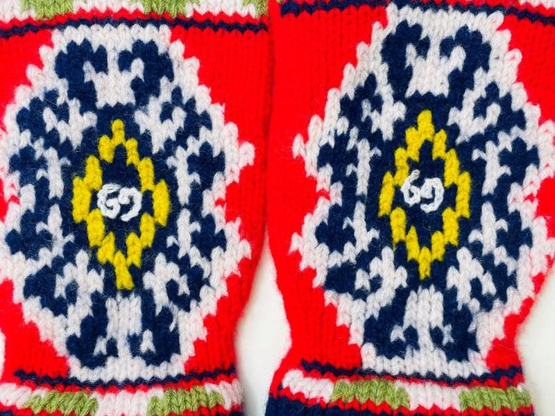Gucci Fair Isle GG Knit Red & Blue Gloves - Size M