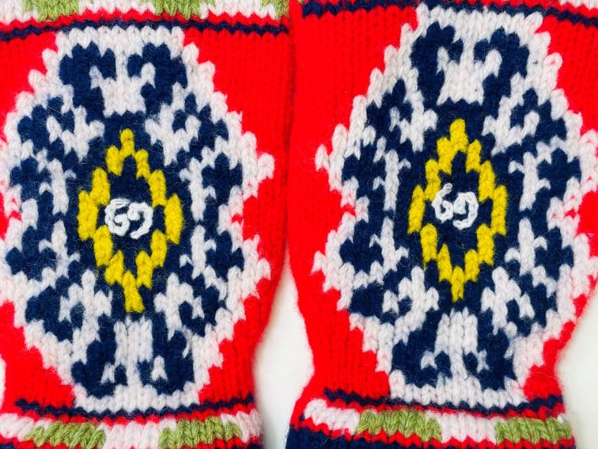 Gucci Fair Isle GG Knit Red & Blue Gloves - Size M