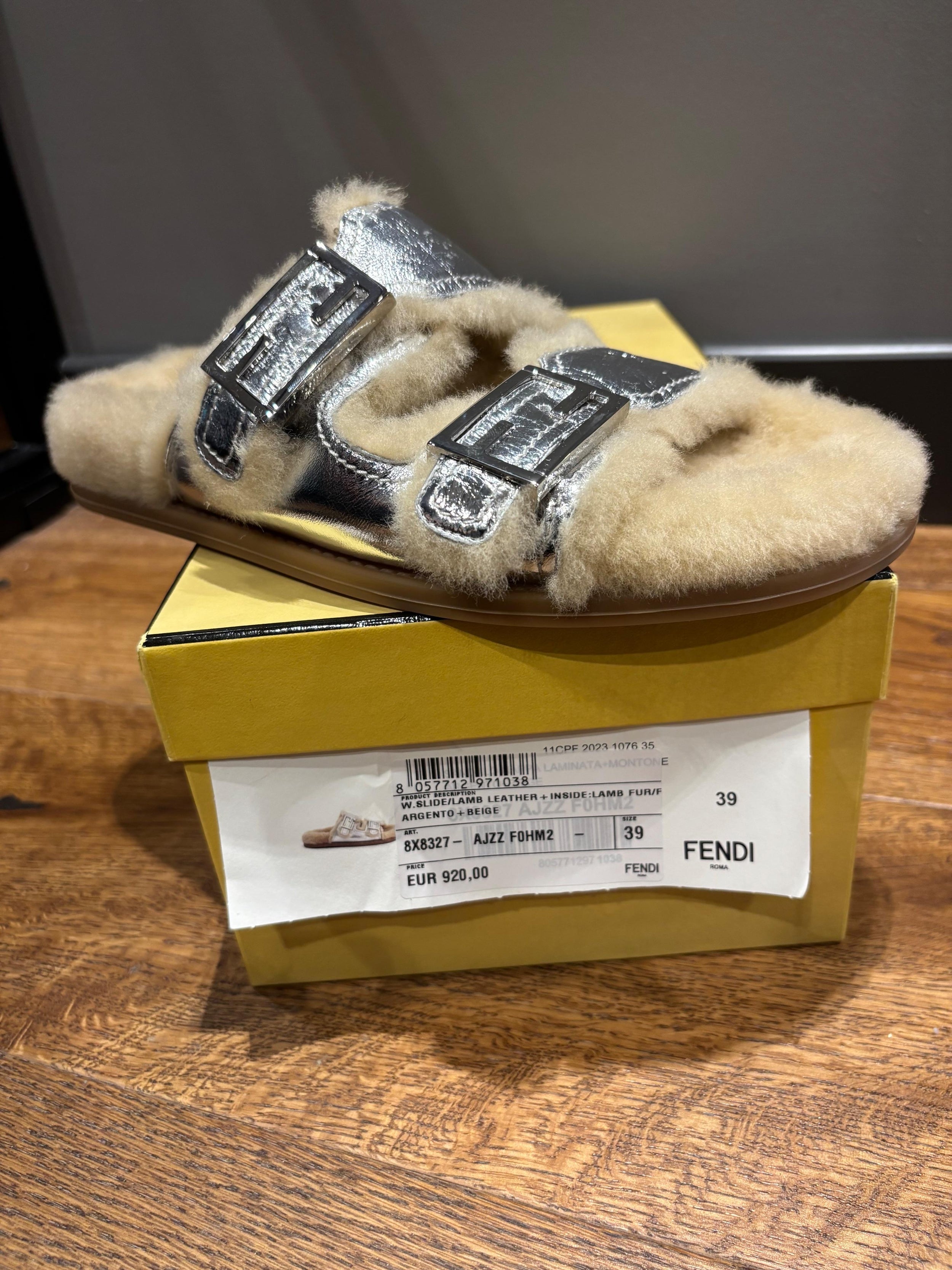 Fendi Shealing Lined Silver Slides