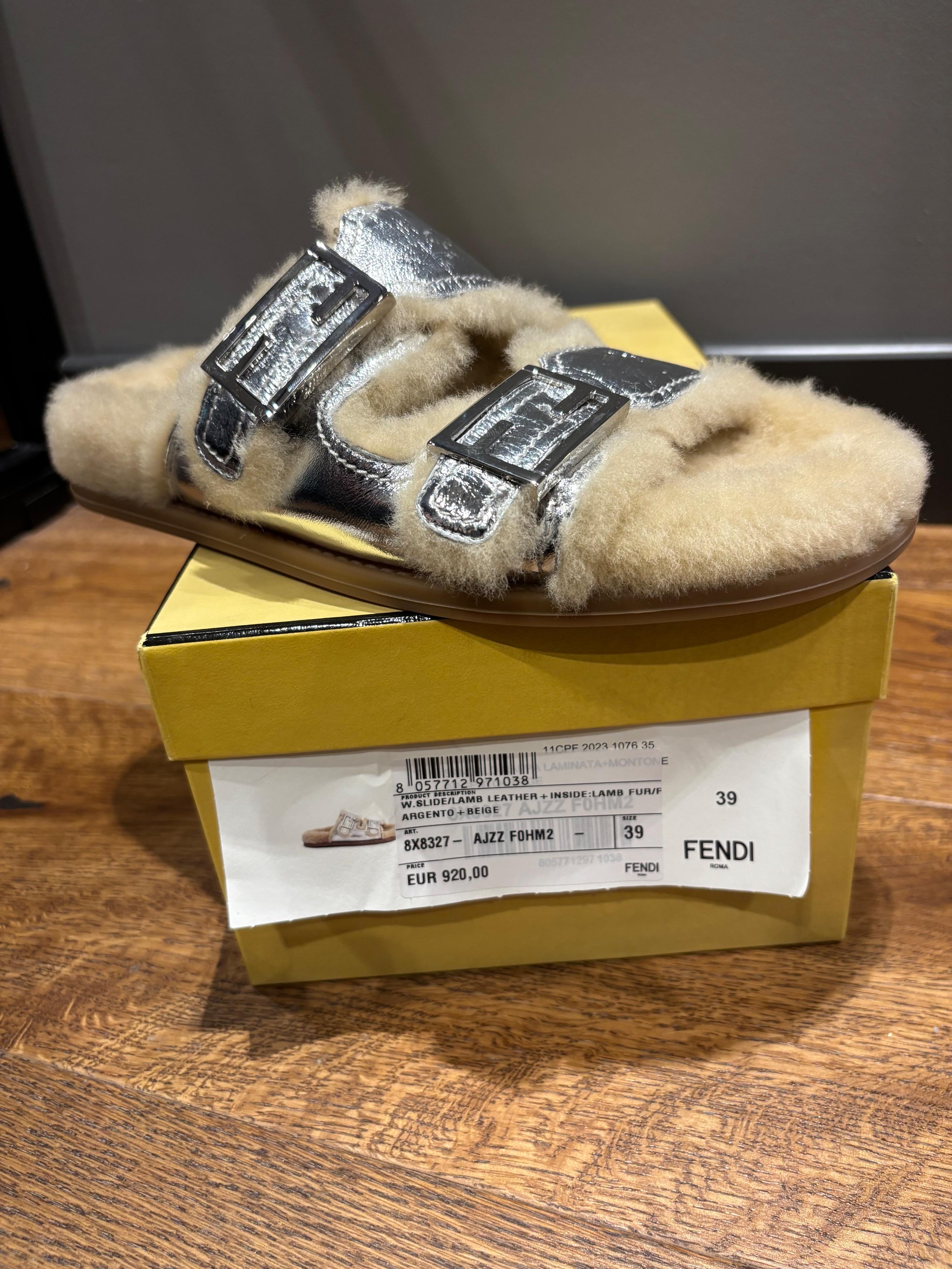 Fendi Shealing Lined Silver Slides