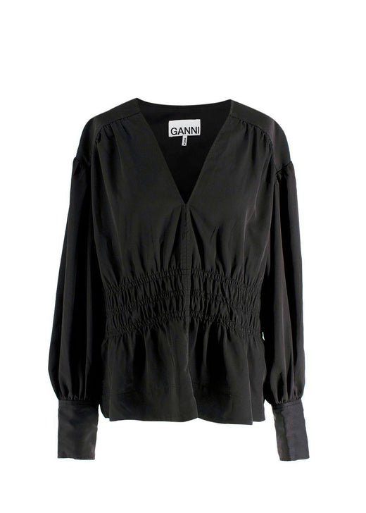 Ganni Black V Neck Ruched Blouse