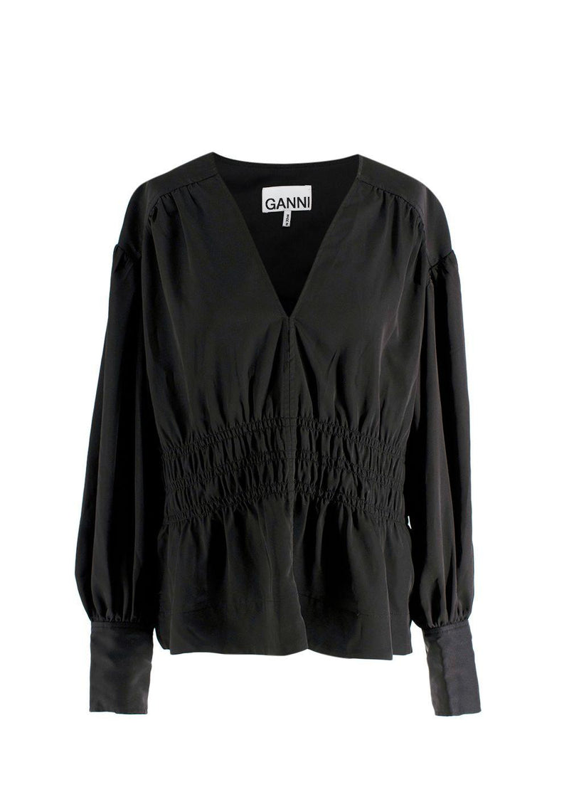 Ganni Black V Neck Ruched Blouse