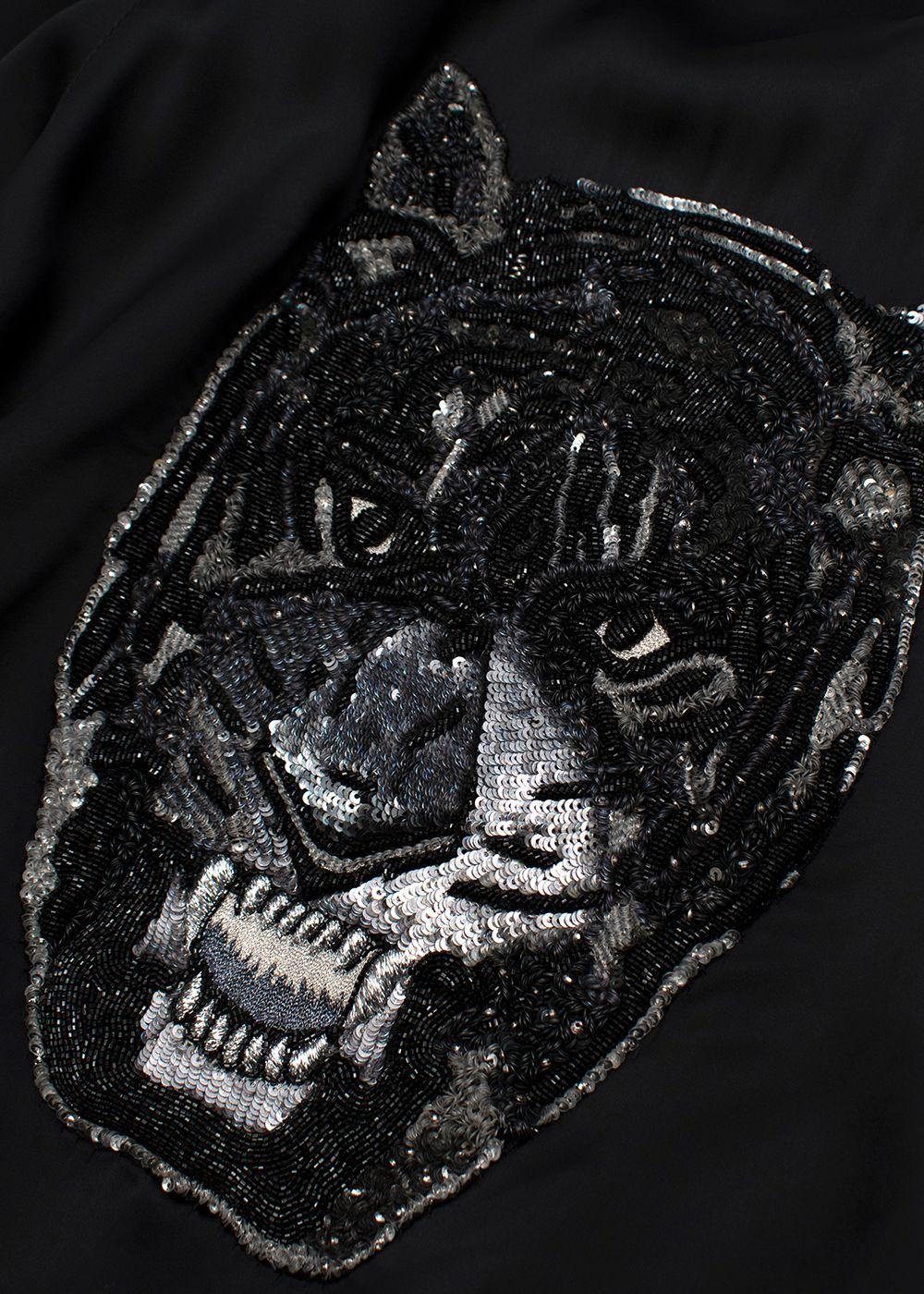 Black Satin Panther Embellished Bomber Jacket