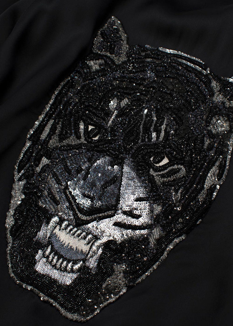 Black Satin Panther Embellished Bomber Jacket