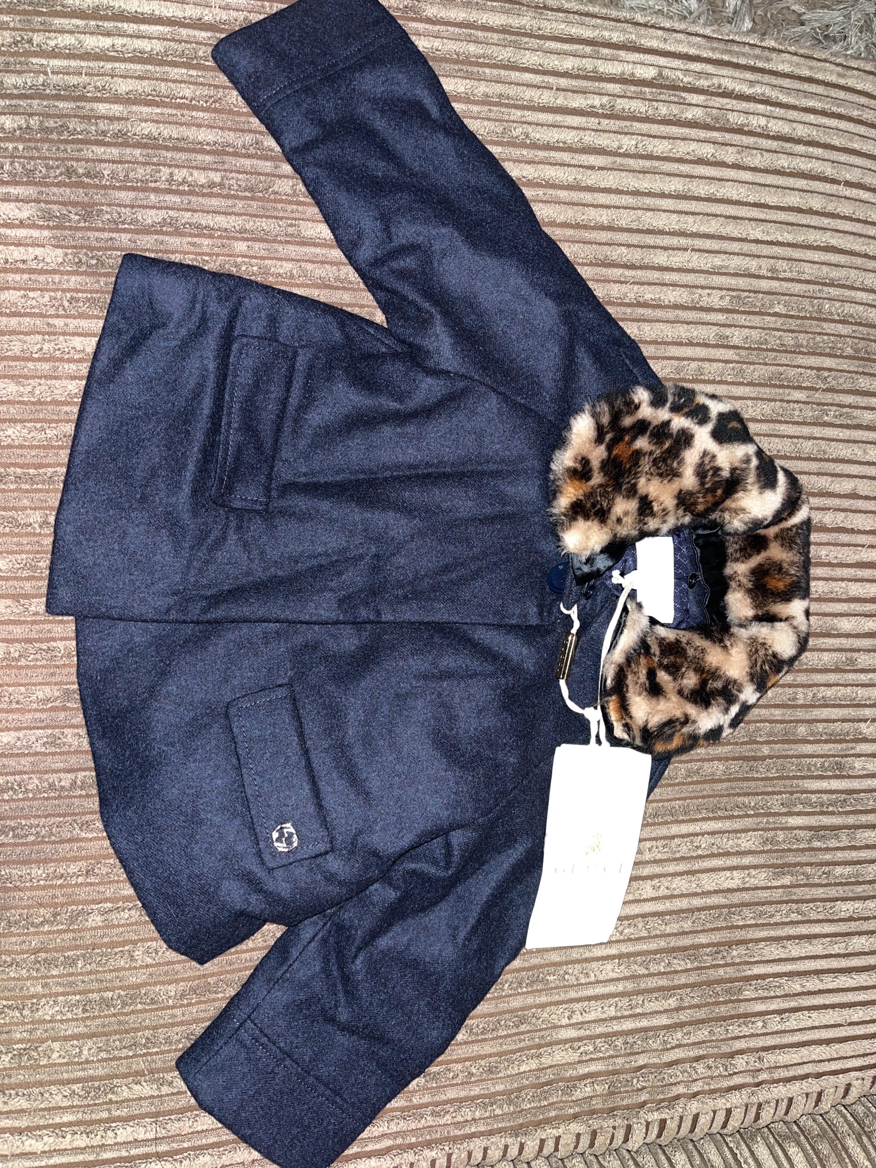 Navy wool faux leopard collar coat