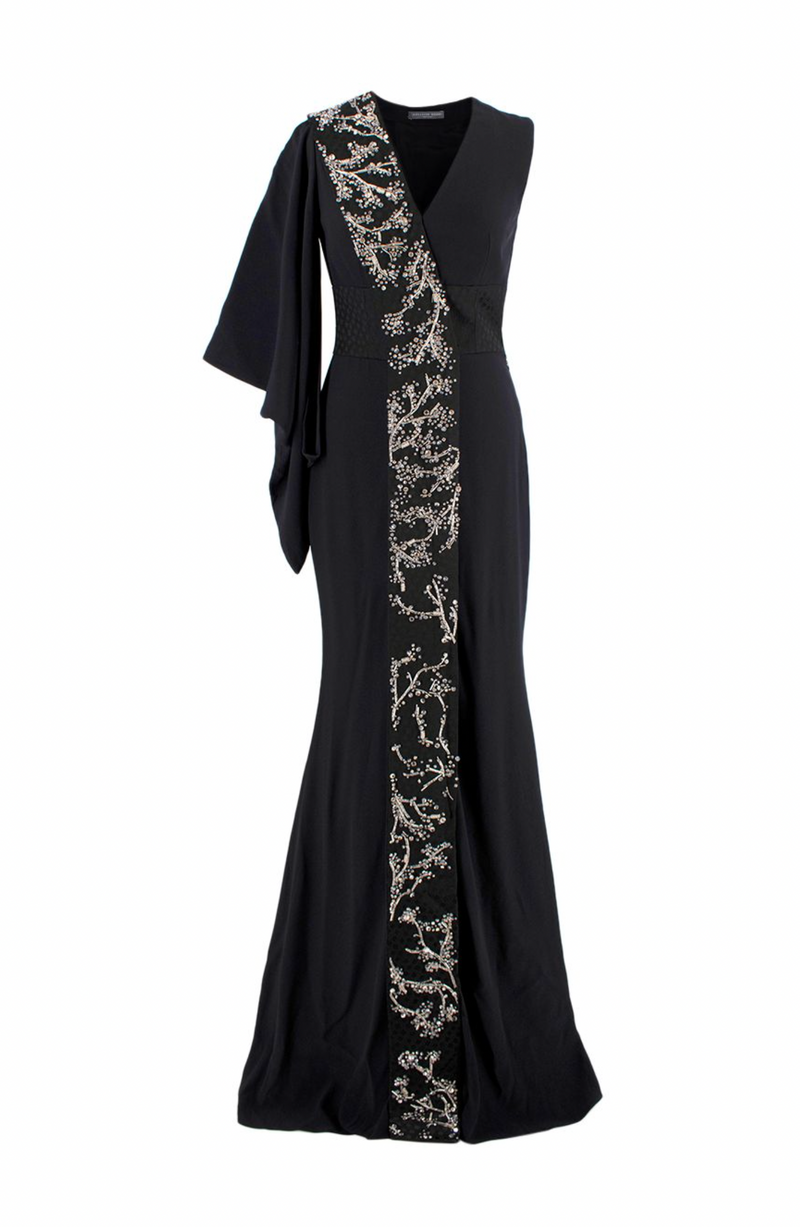 Alexander McQueen Crystal Embellished Black Draped Sleeve Gown