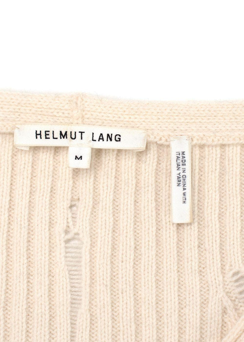 Helmut Lang Ivory Distressed V-Neck Wool Sweater