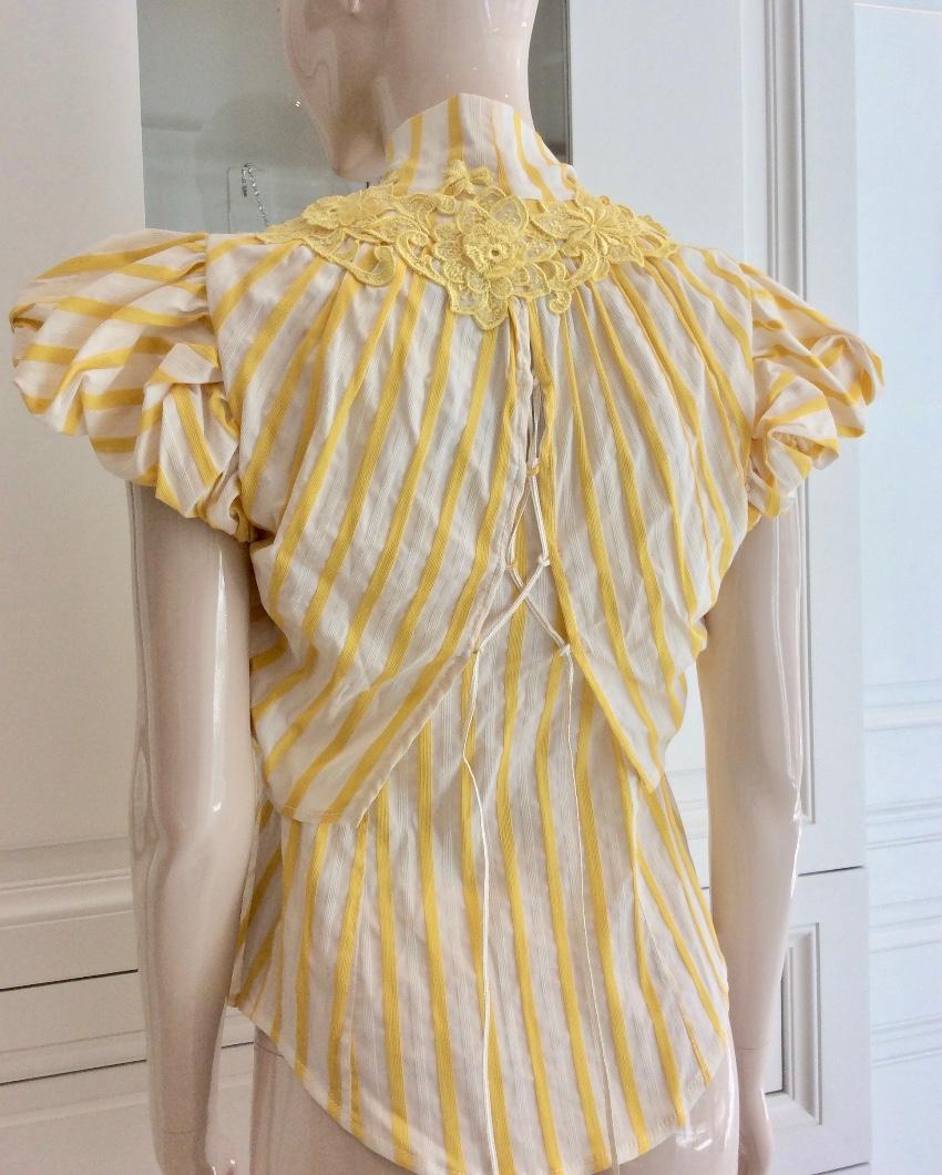 Gaetano Navarra Yellow and White Stripe Pussy Bow Blouse