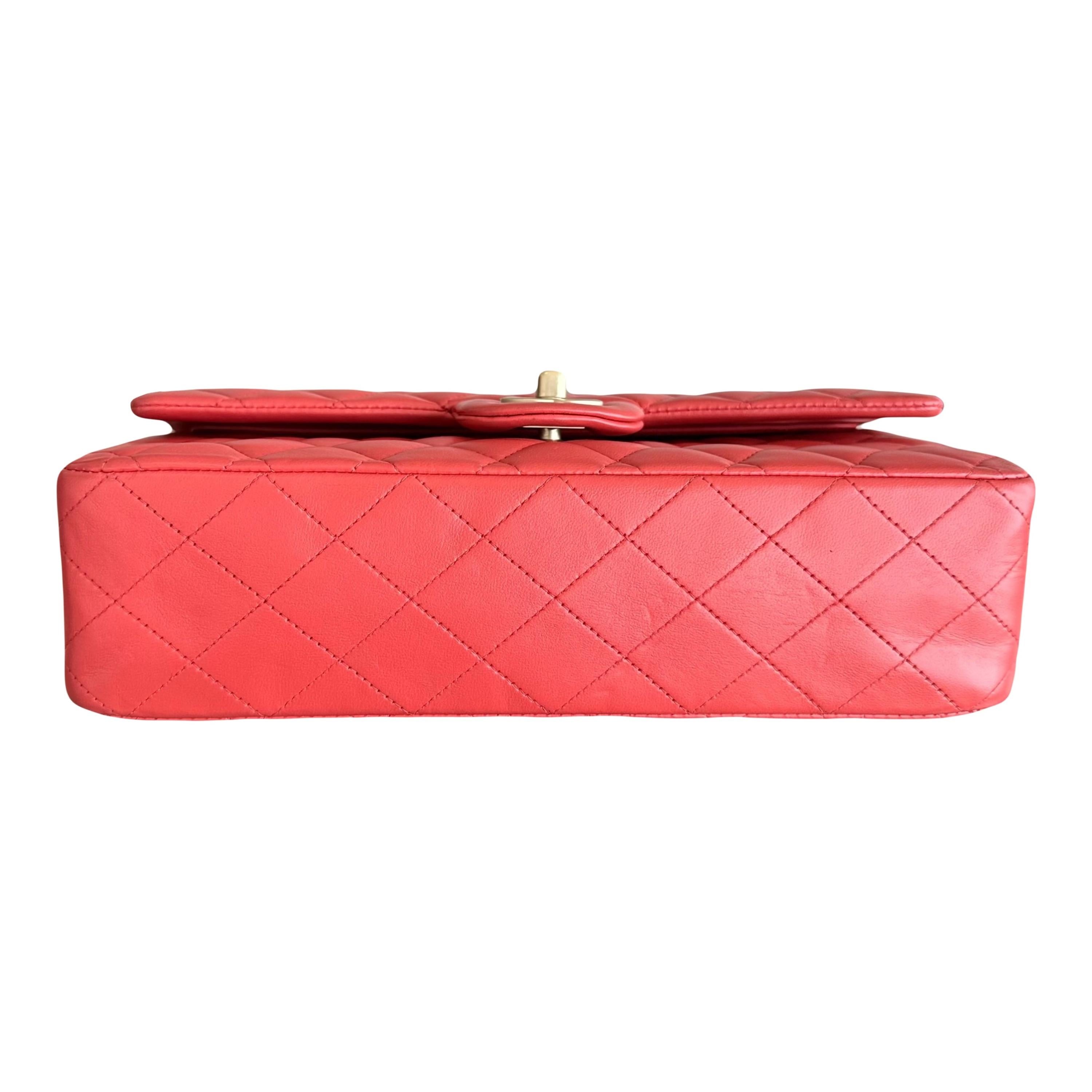 Chanel Red Lambskin Medium Double Flap Bag with Brushed Gold Hardware