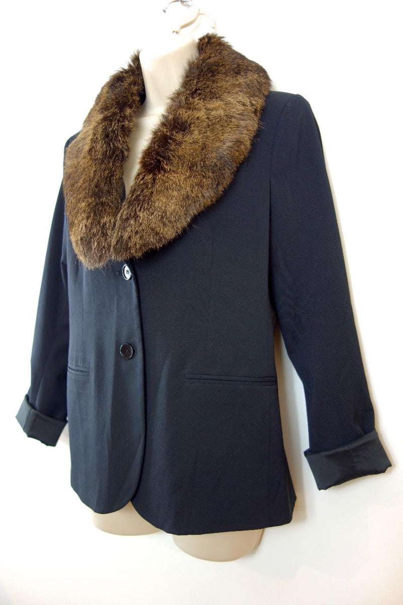 Theory Black Tailored Jacket with Rabbit Fur Removable Collar