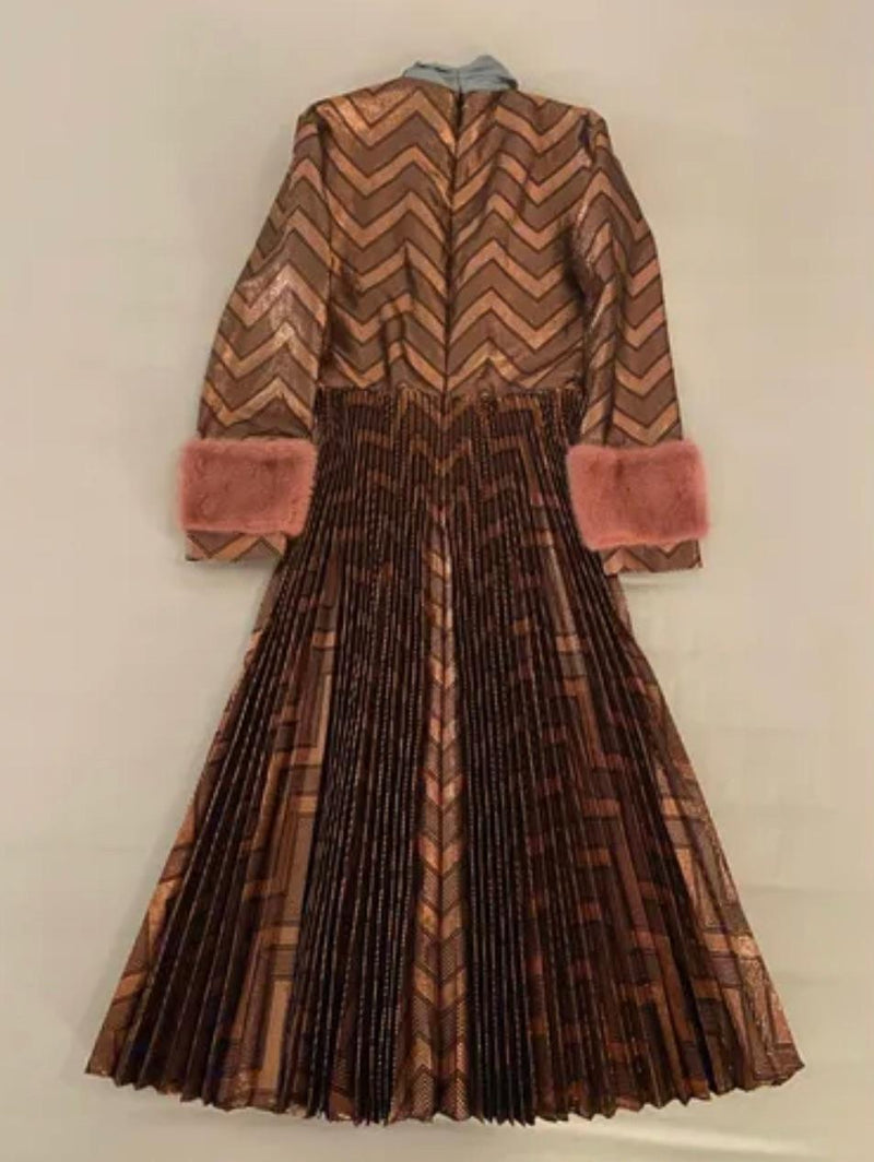 Bronze metallic lame pussy-bow dress
