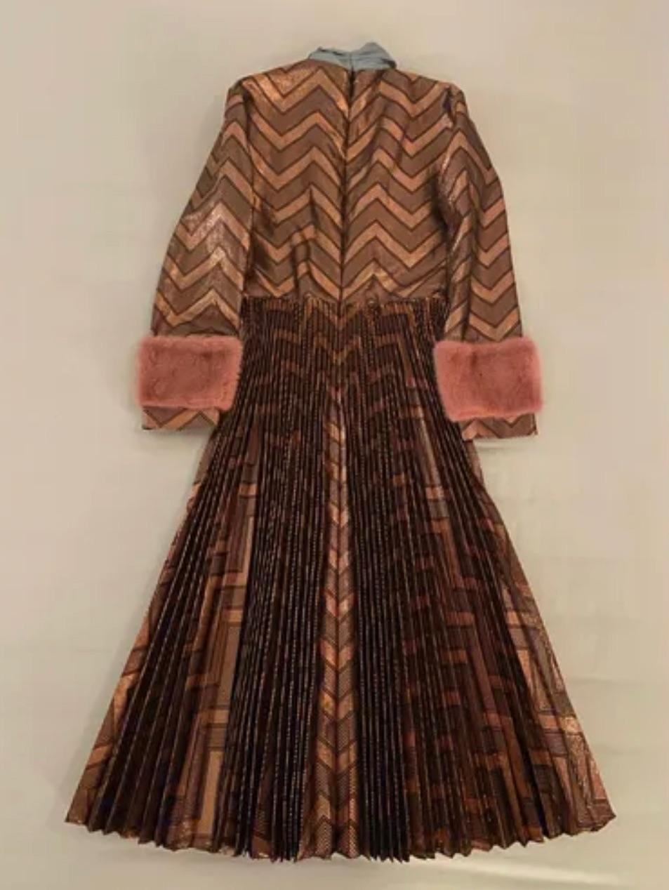 Bronze metallic lame pussy-bow dress