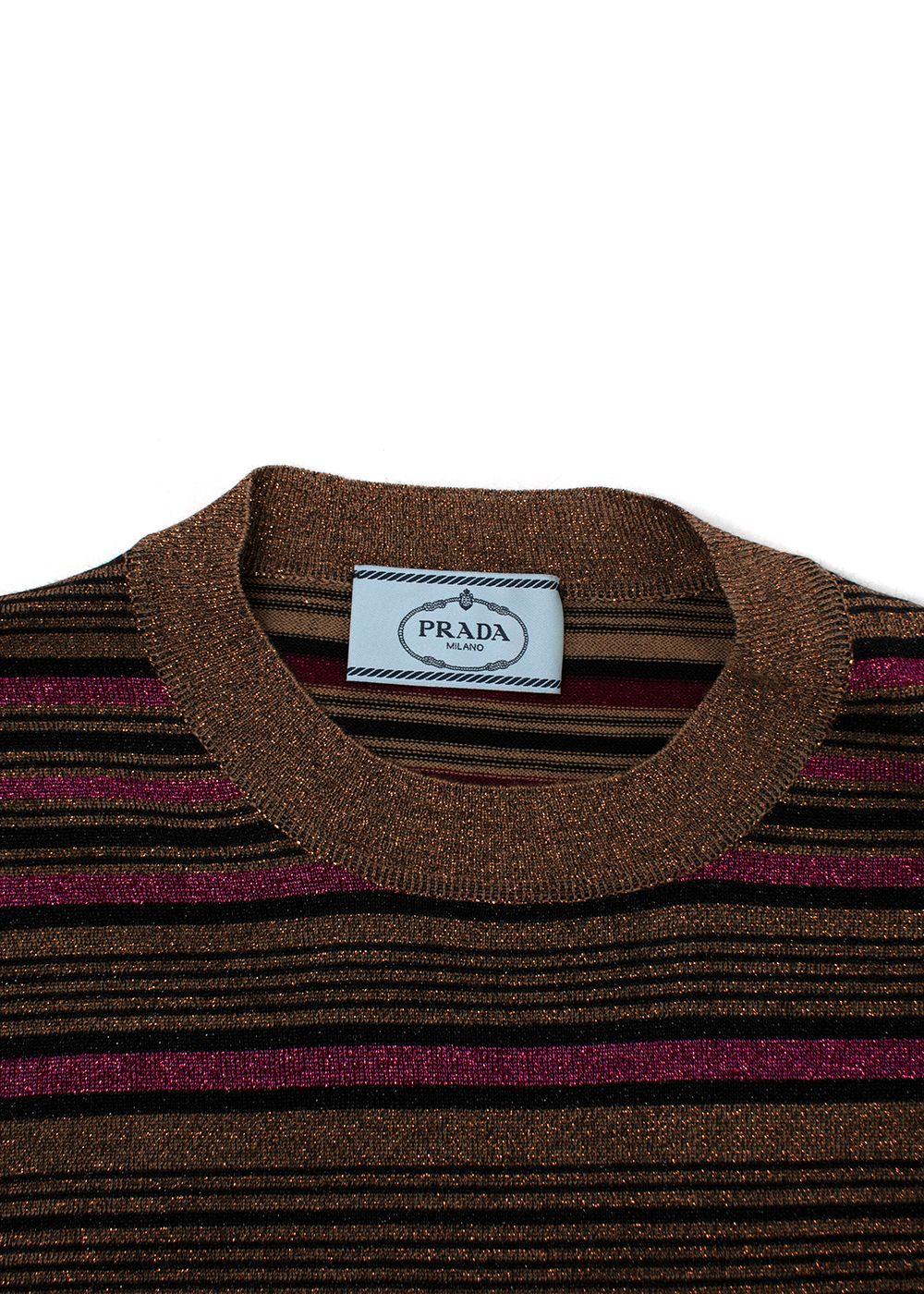 Prada Metallic Striped Short-Sleeve Crewneck Jumper
