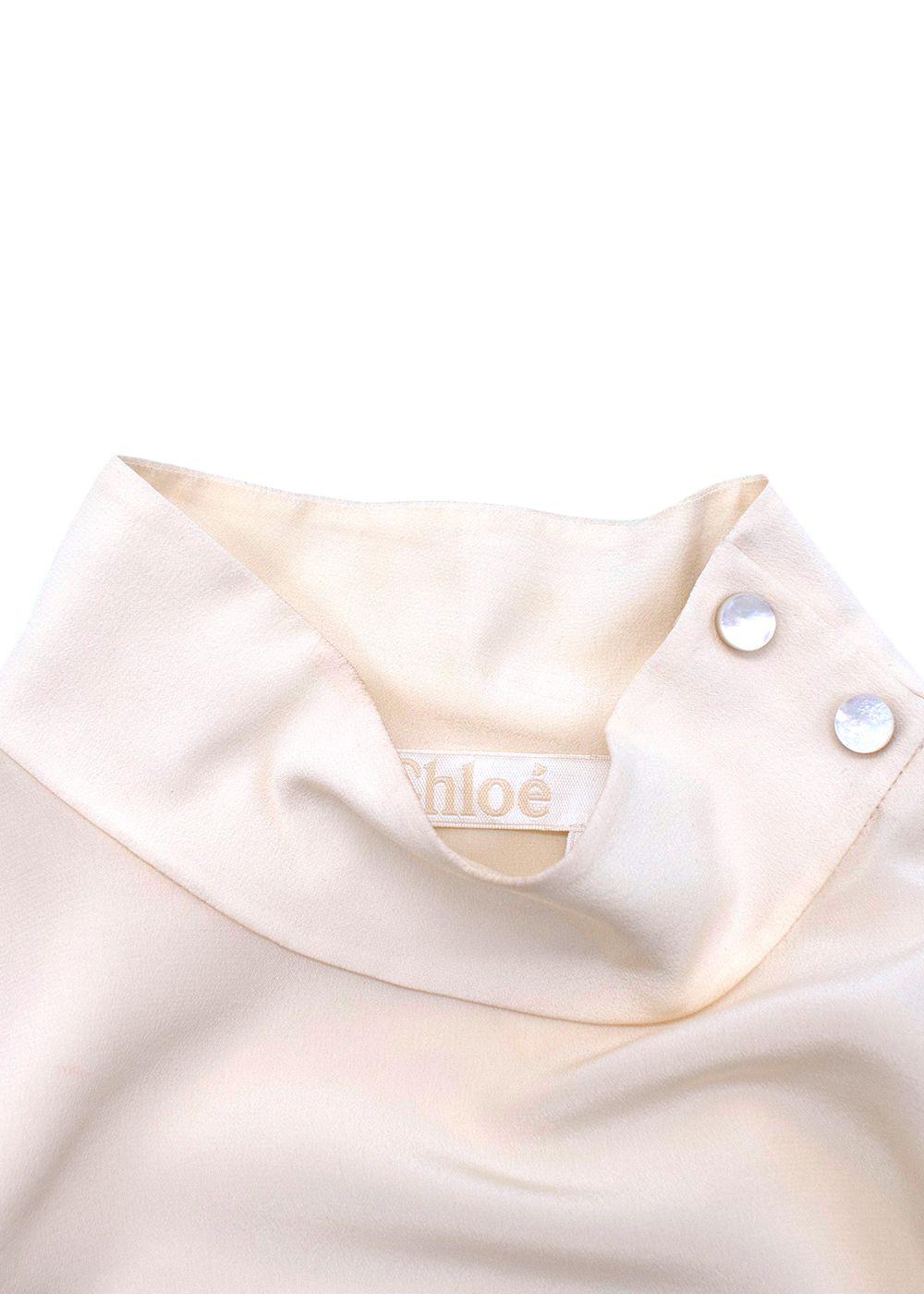 High Neck Shoulder Button Cream Silk Blouse