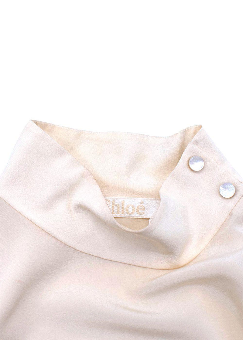 High Neck Shoulder Button Cream Silk Blouse