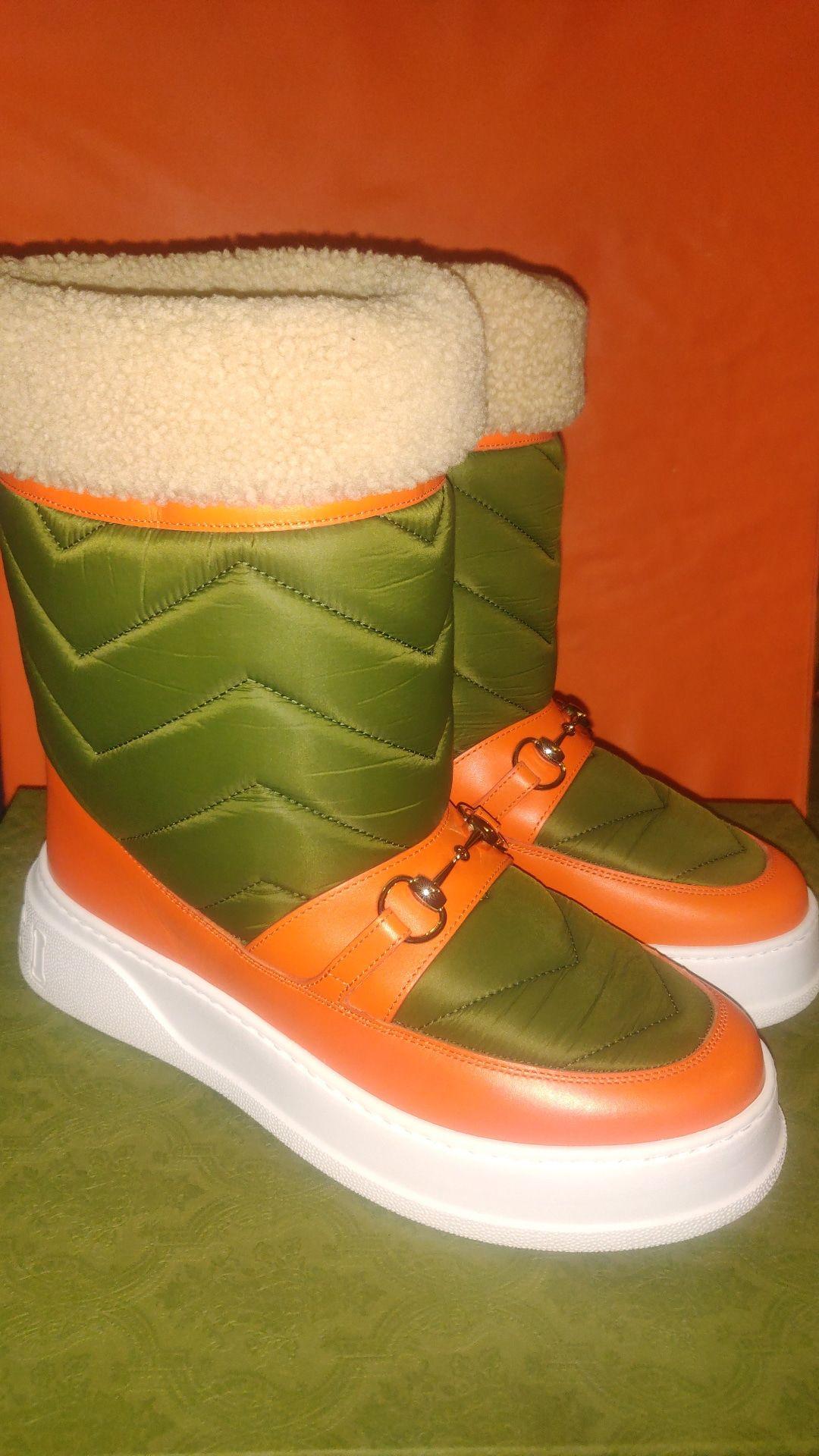 Gucci Horsebit Khaki Nylon and Shearling Snow Boots