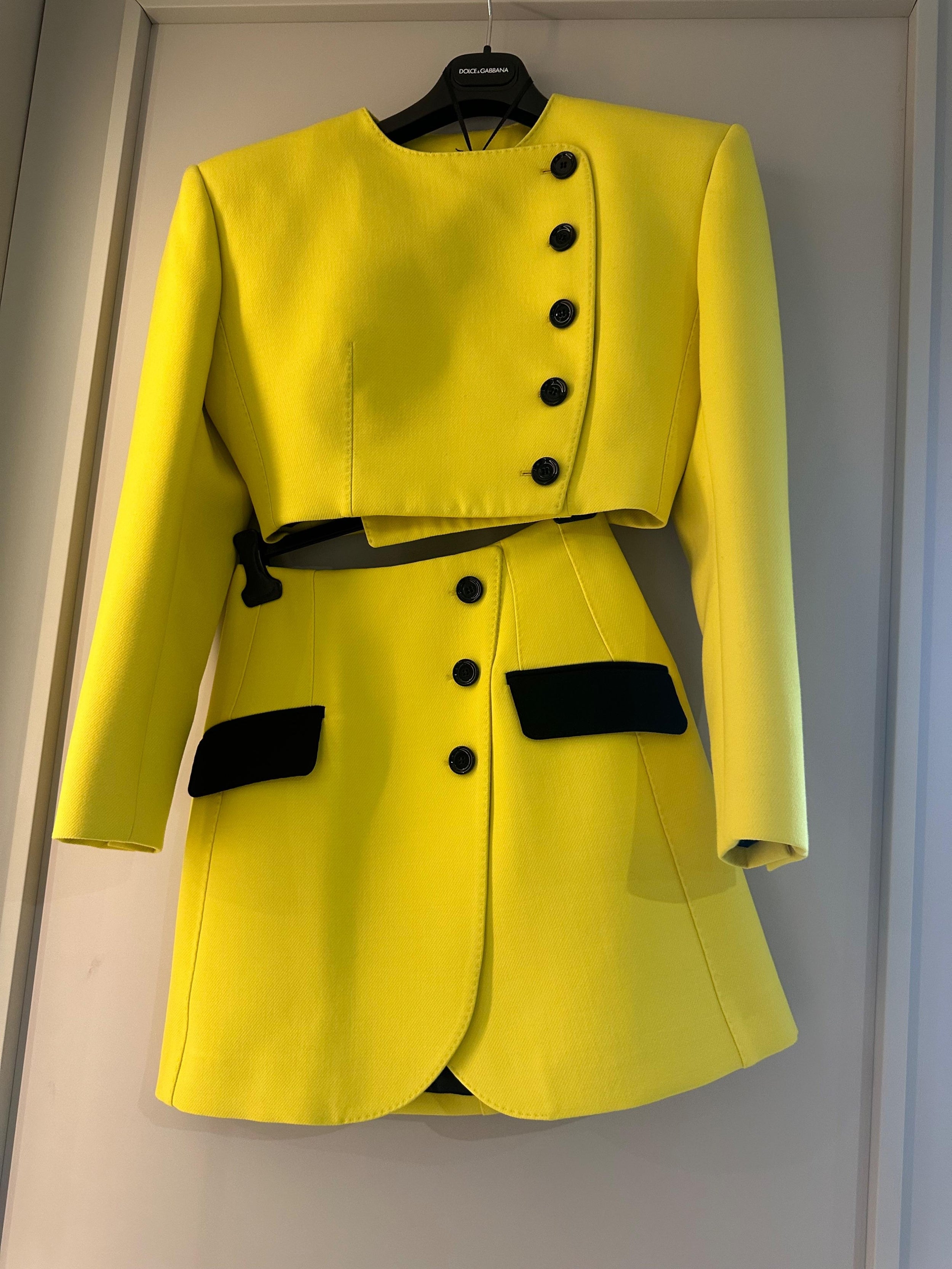 Yellow & Black Virgin Wool Asymmetric Jacket & Mini Skirt