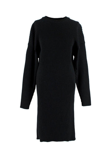 Open Back Black Ribbed Merino Wool Jumper Dress