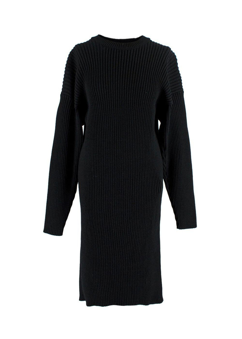 Open Back Black Ribbed Merino Wool Jumper Dress