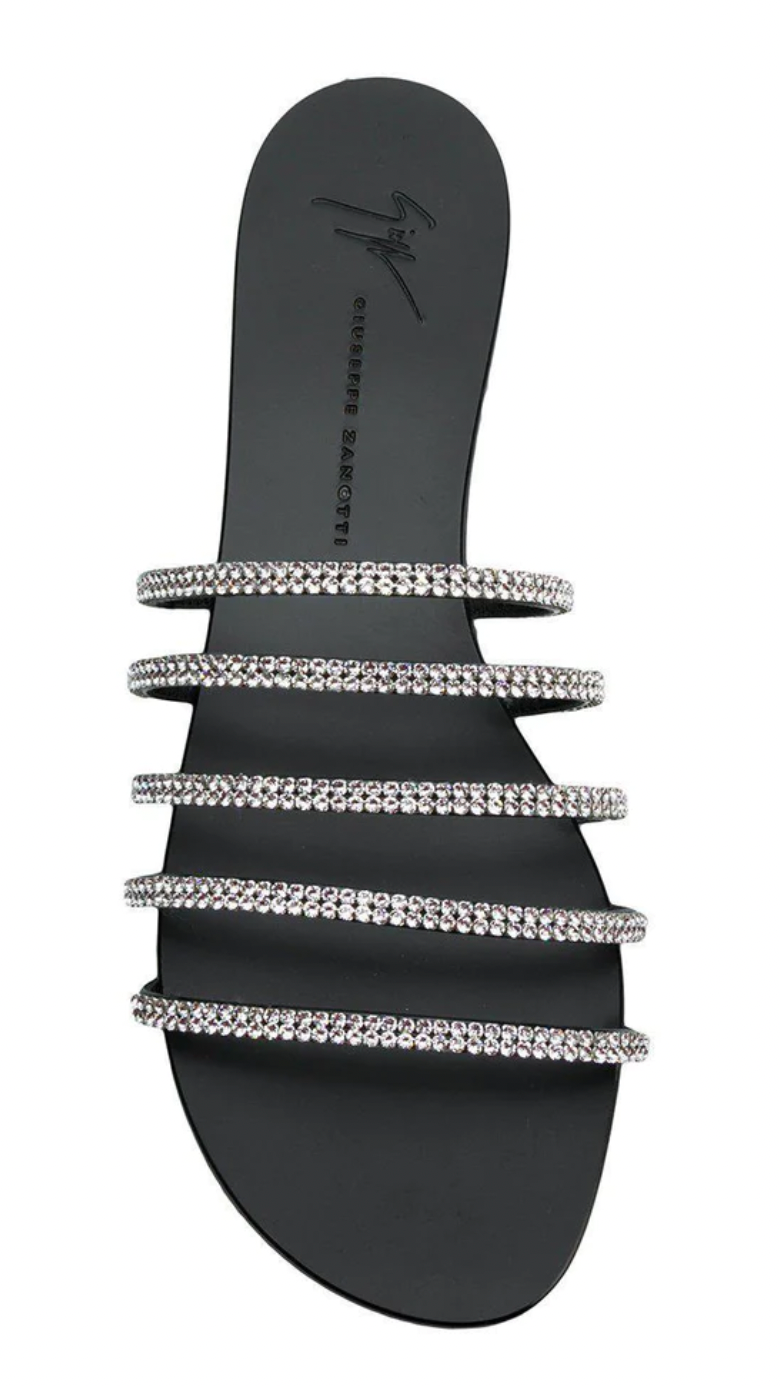 Black Crystal Embellished Flat Sandals